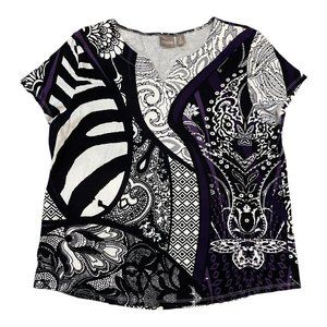 Chico's Purple and Black Short Sleeve Tee Shirt with Notch Neck - Size 3, XL, 16
